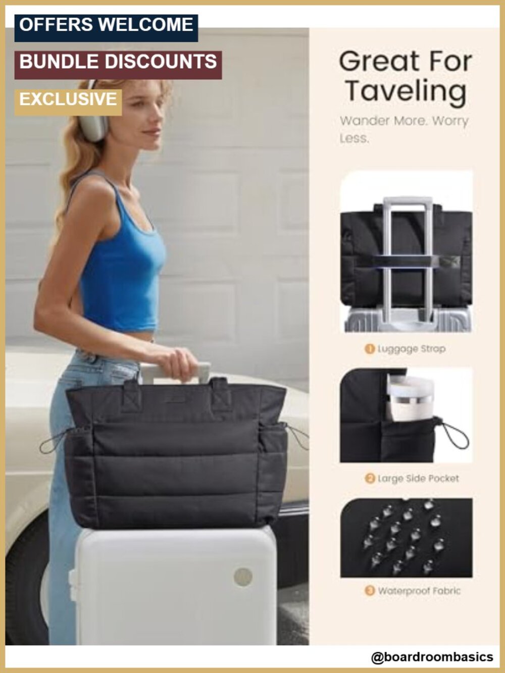 Puffer Tote Bag with Giant Tumbler Pocket Laptop Handbag - Picture 5 of 6